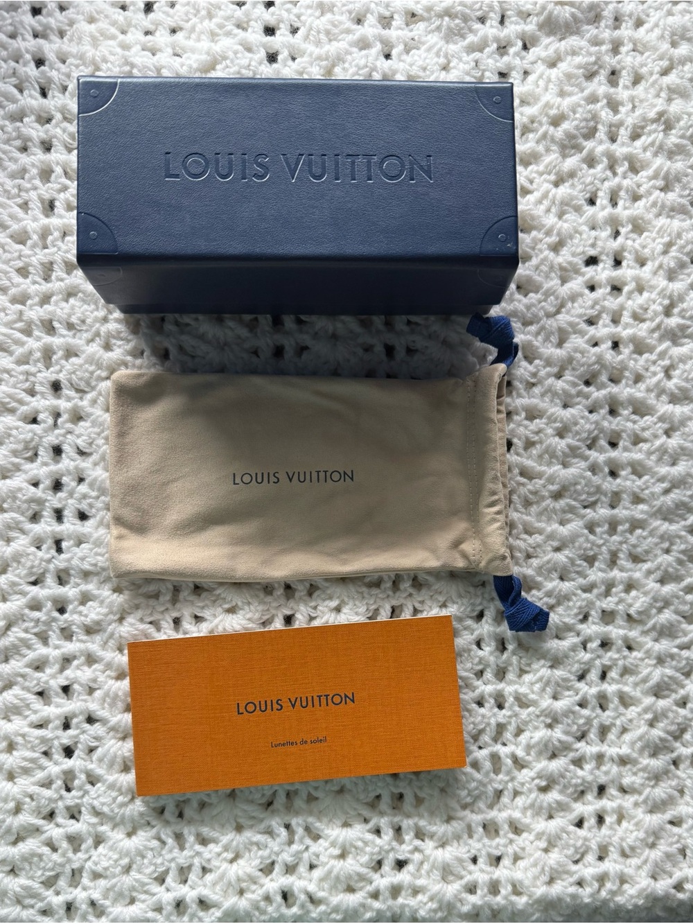Louis Vuitton Navy Box with Beige Drawstring Dust Bag and Orange Card